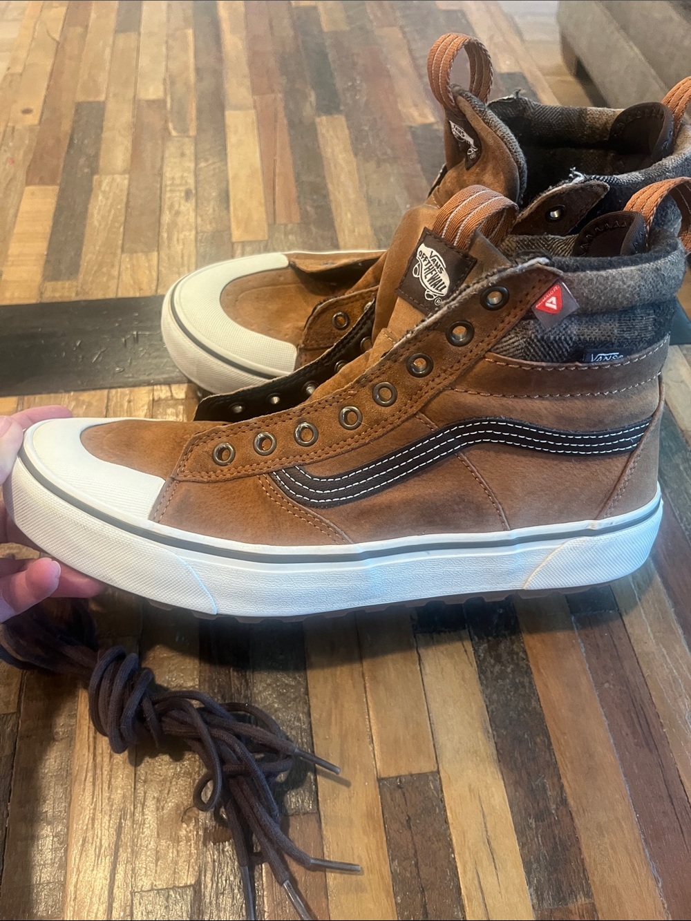 Vans Brown Leather High-Top Sneakers with White Sole and Black Stripe